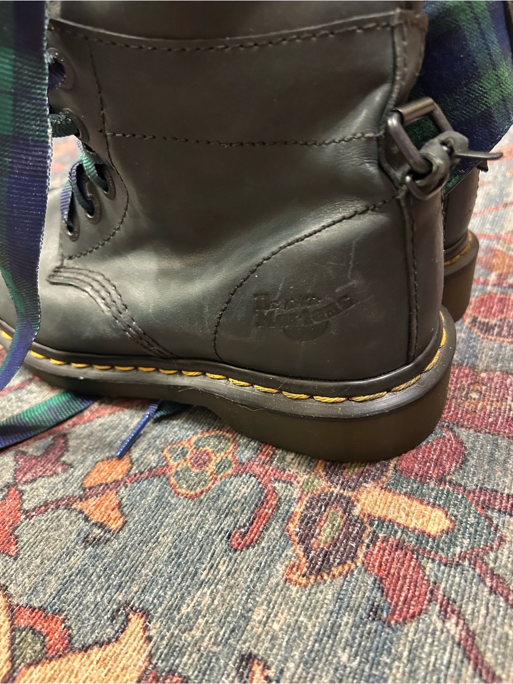 Dr. Martens Black Leather Boots with Green & Blue Tartan - Picture 4 of 5